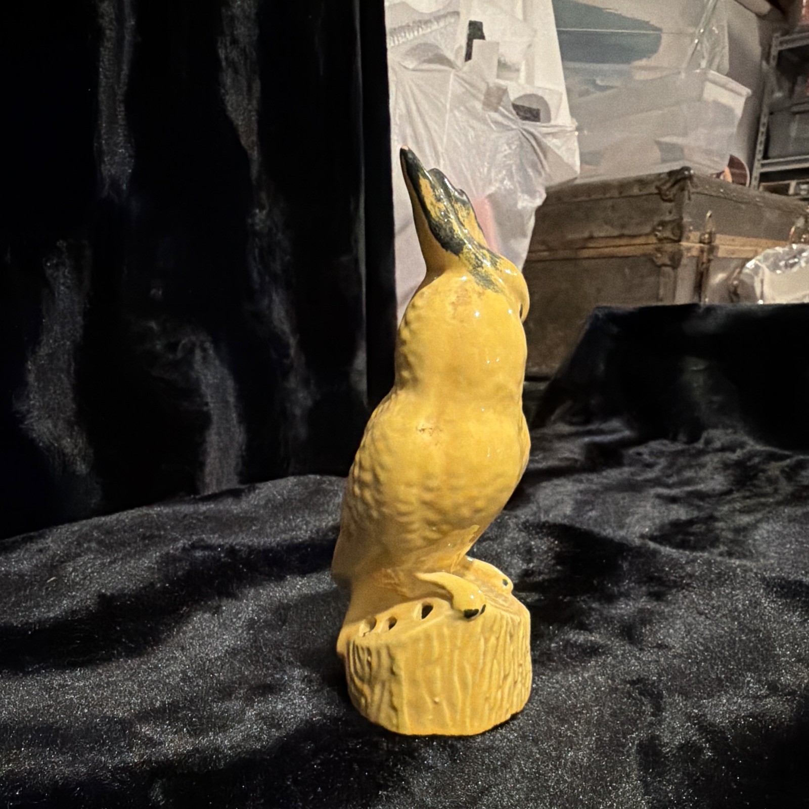 Yellow & Black Glossy Ceramic Bird Figurine on Tree Stump Base Flower Frog 7 in