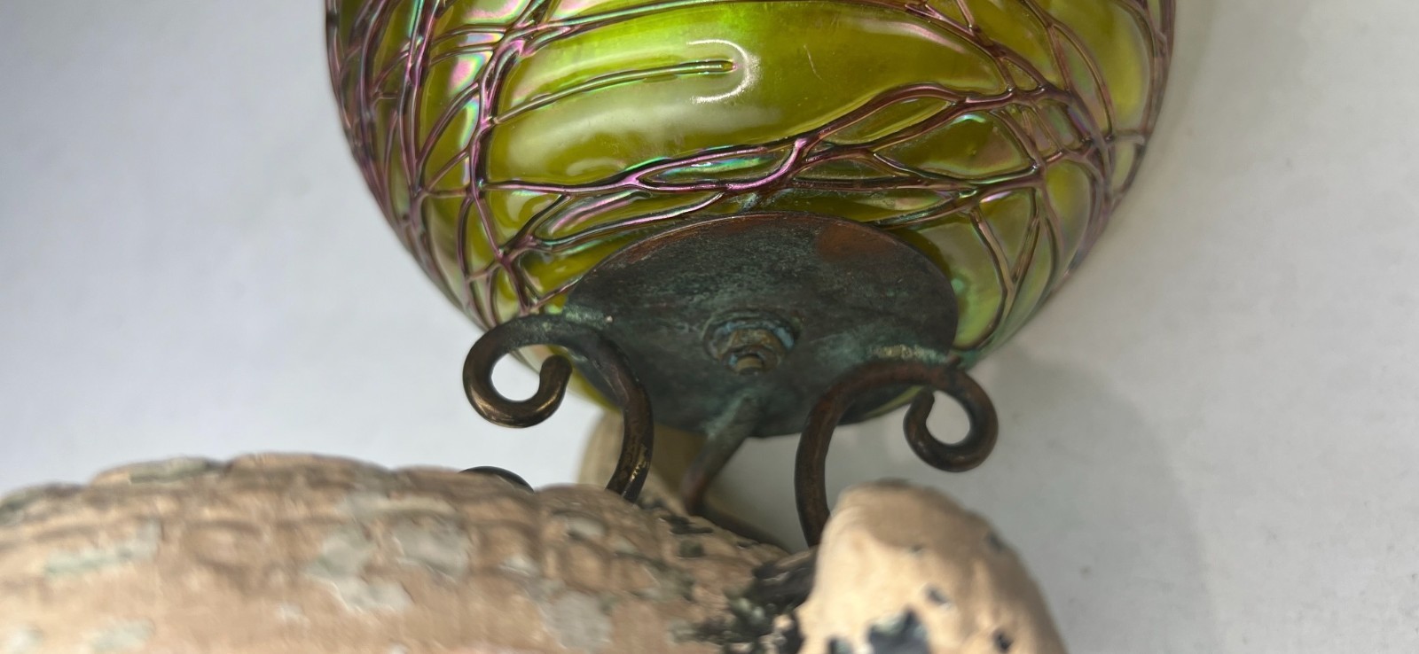 Kralik Veined Green Iridescent Vase Mounted on Unique Alligator Base Rare!!!