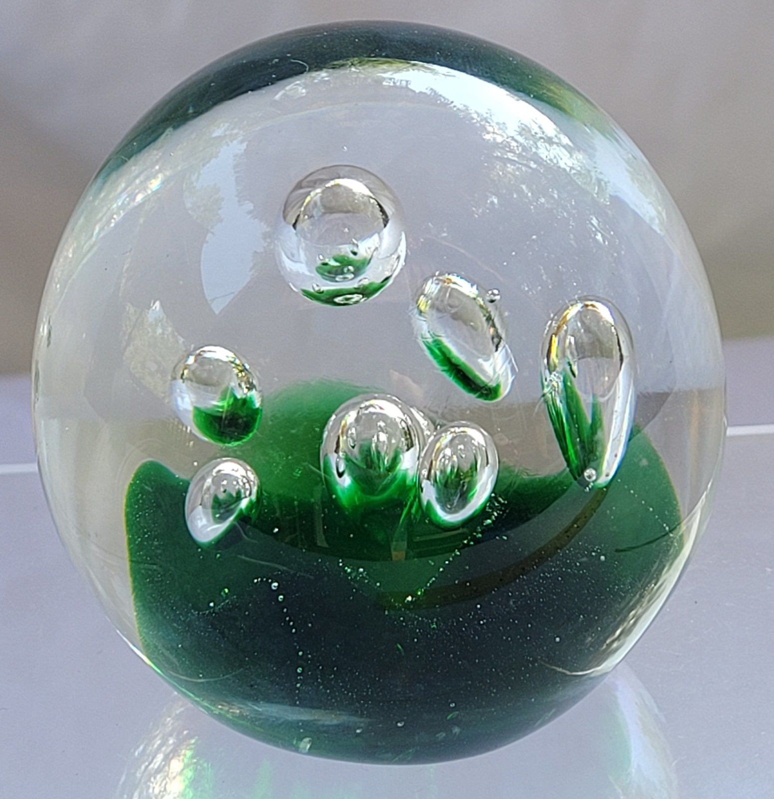 Vintage Glass Paperweight Large Bubbles Green Home Office Desk Decor Round Art