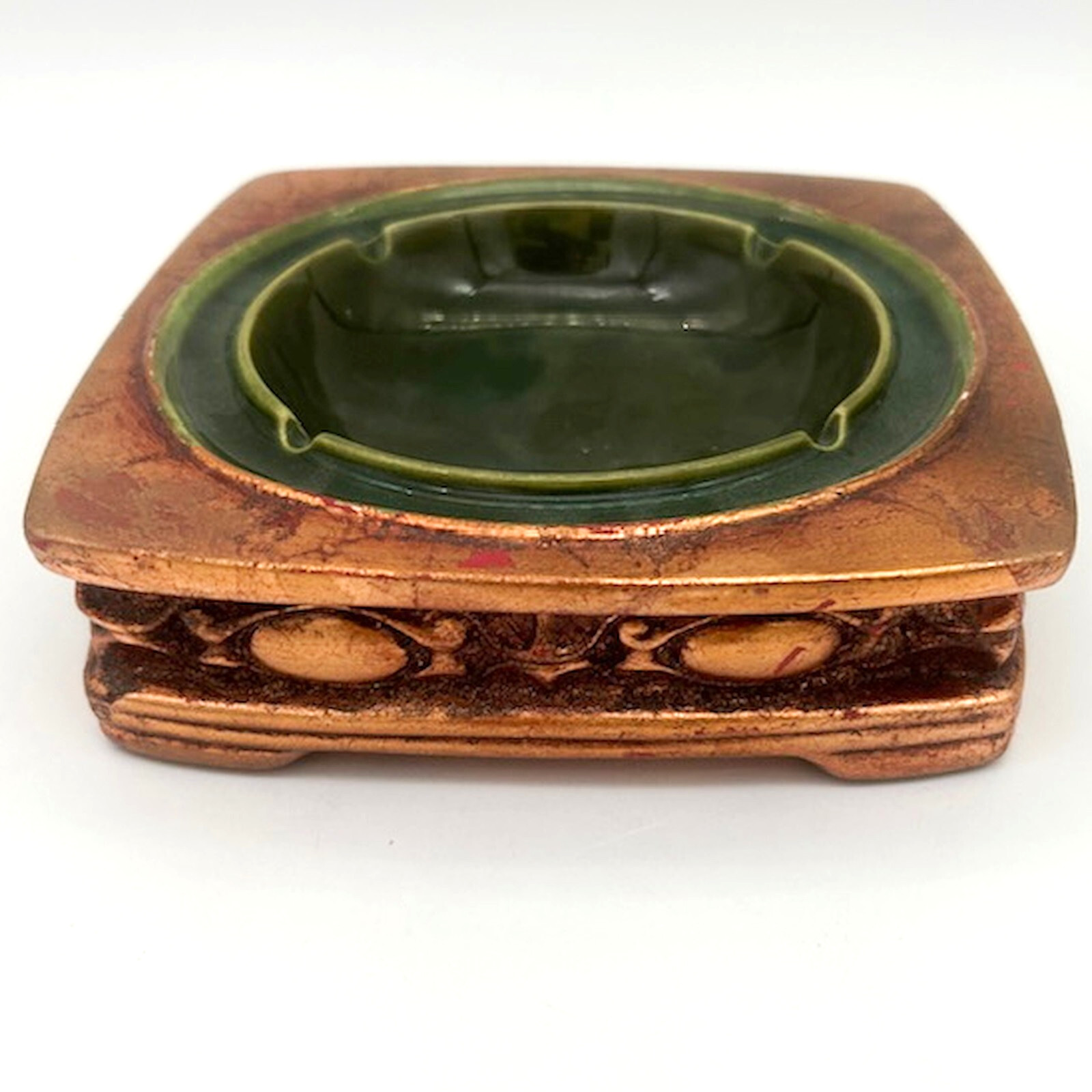 Freeman McFarlin Pottery Gold Leaf and Green Ceramic Ashtray 6.5 In with 4 Slots