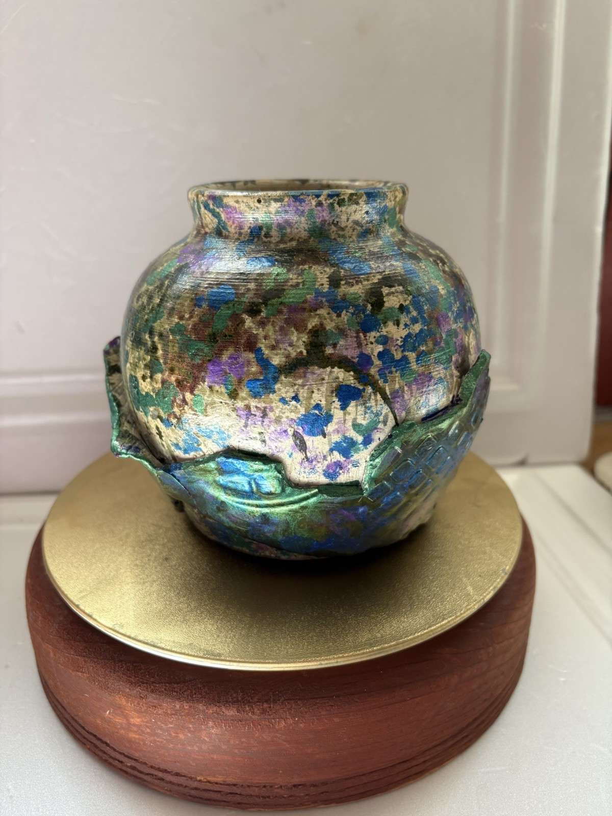 Raku Fired Vase W iridescent Blue Green & Purple Metallic Glazes 5 In T 6 In D