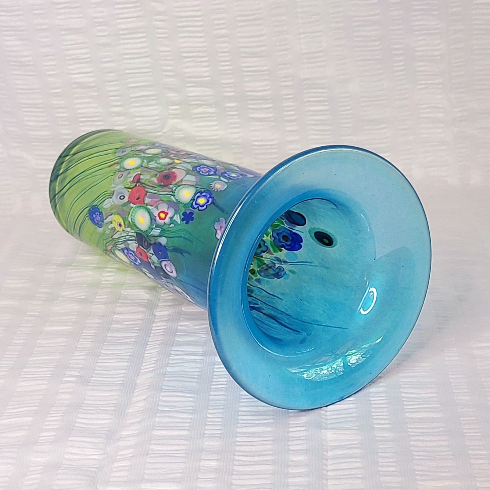 Robert Held Floral Murrine Blue Green Art Glass Vase Signed 11”H FREE SHIPPING