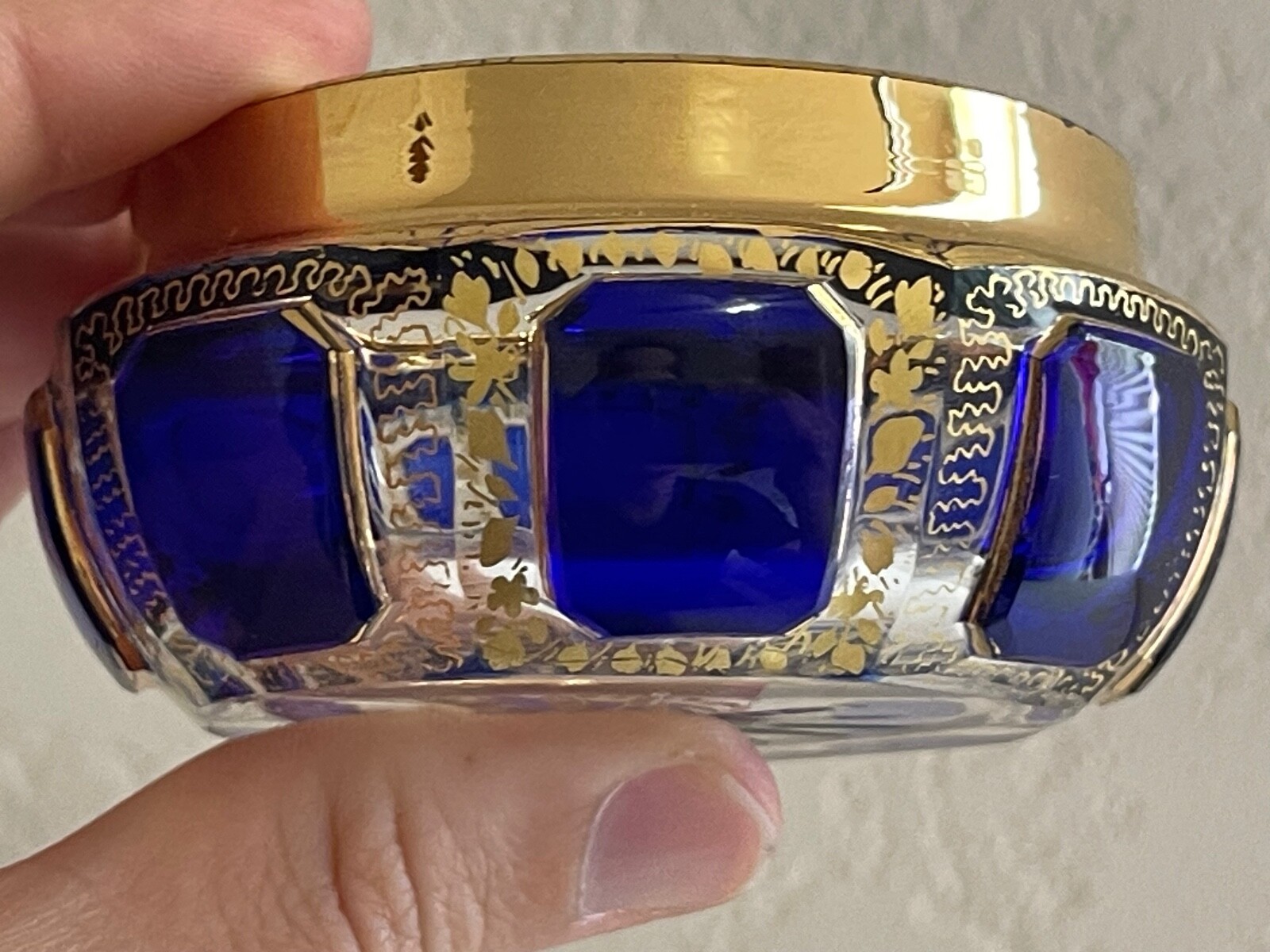 Vintage Antique Manner of Moser Cobalt Clear & Gold Faceted Glass Round Box