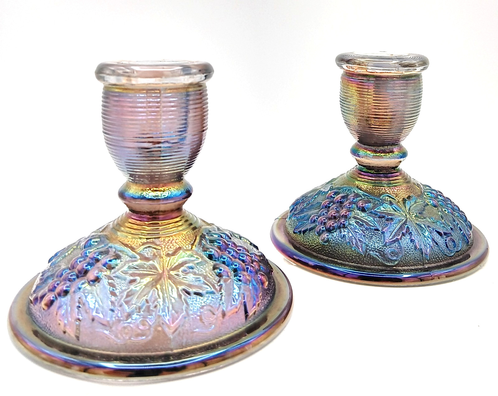 Vtg. Imperial Grape & Leaf Amethyst Carnival Glass Candle Holders 1951-1977