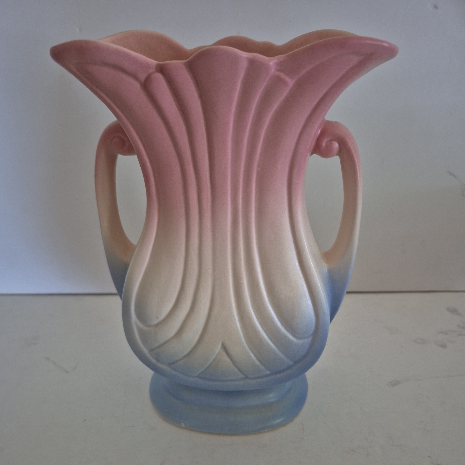 1940s Hull Art Pottery Mardi Gras Vase Pink White Blue Matte Finish 48-9 Vintage