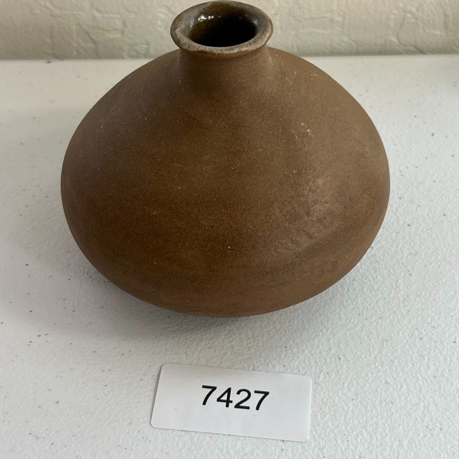 Handmade Vase Clay Brown Round Flat 1989 Signed MKS Vintage