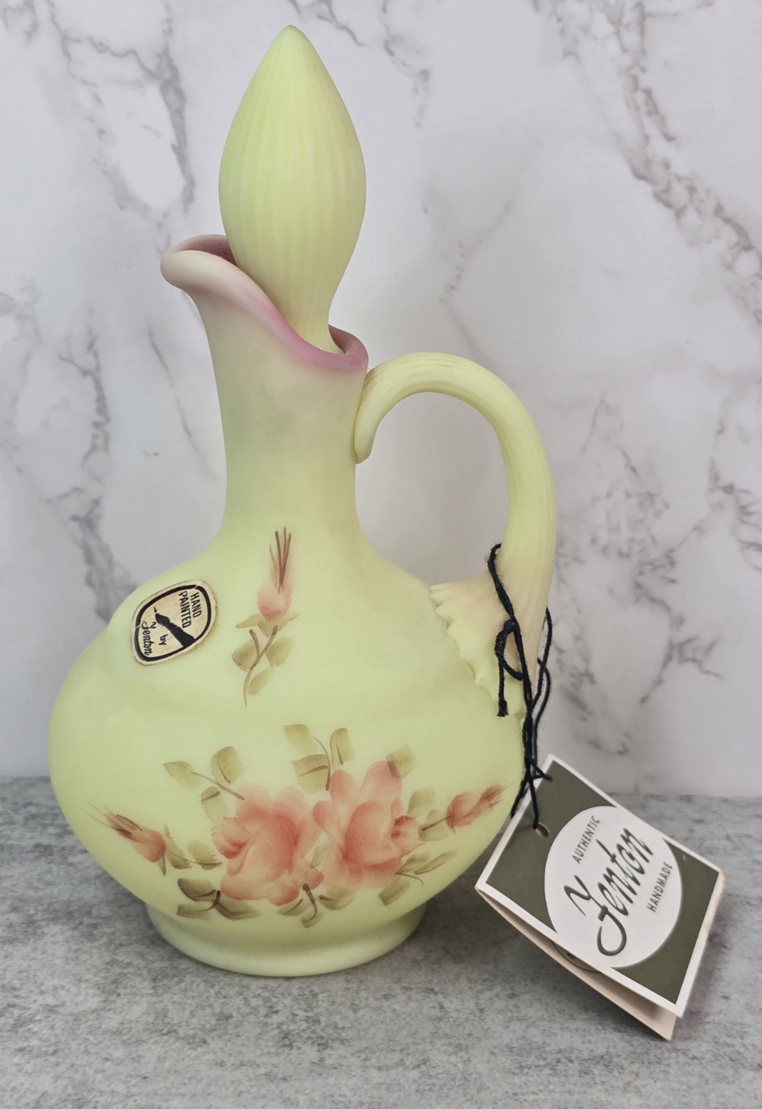Fenton Burmese Hand Painted Cruet Stopper Yellow Floral Glow Uranium Tags