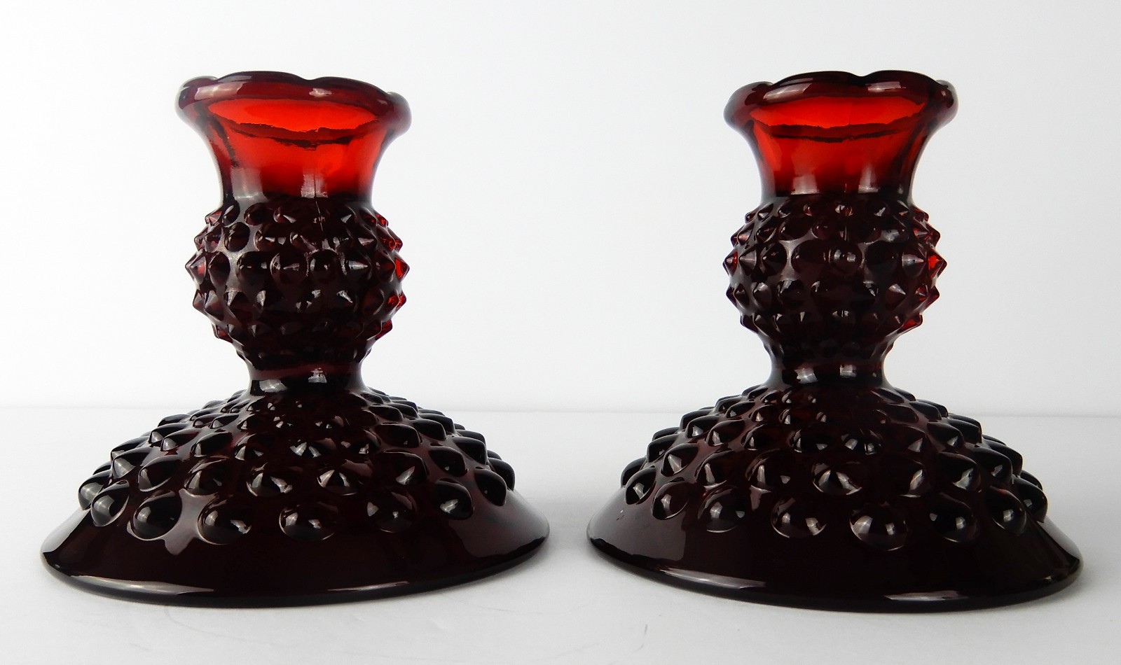 Fenton Vintage Set of 2 Ruby Red Hobnail Taper Candle Holders Scalloped Top