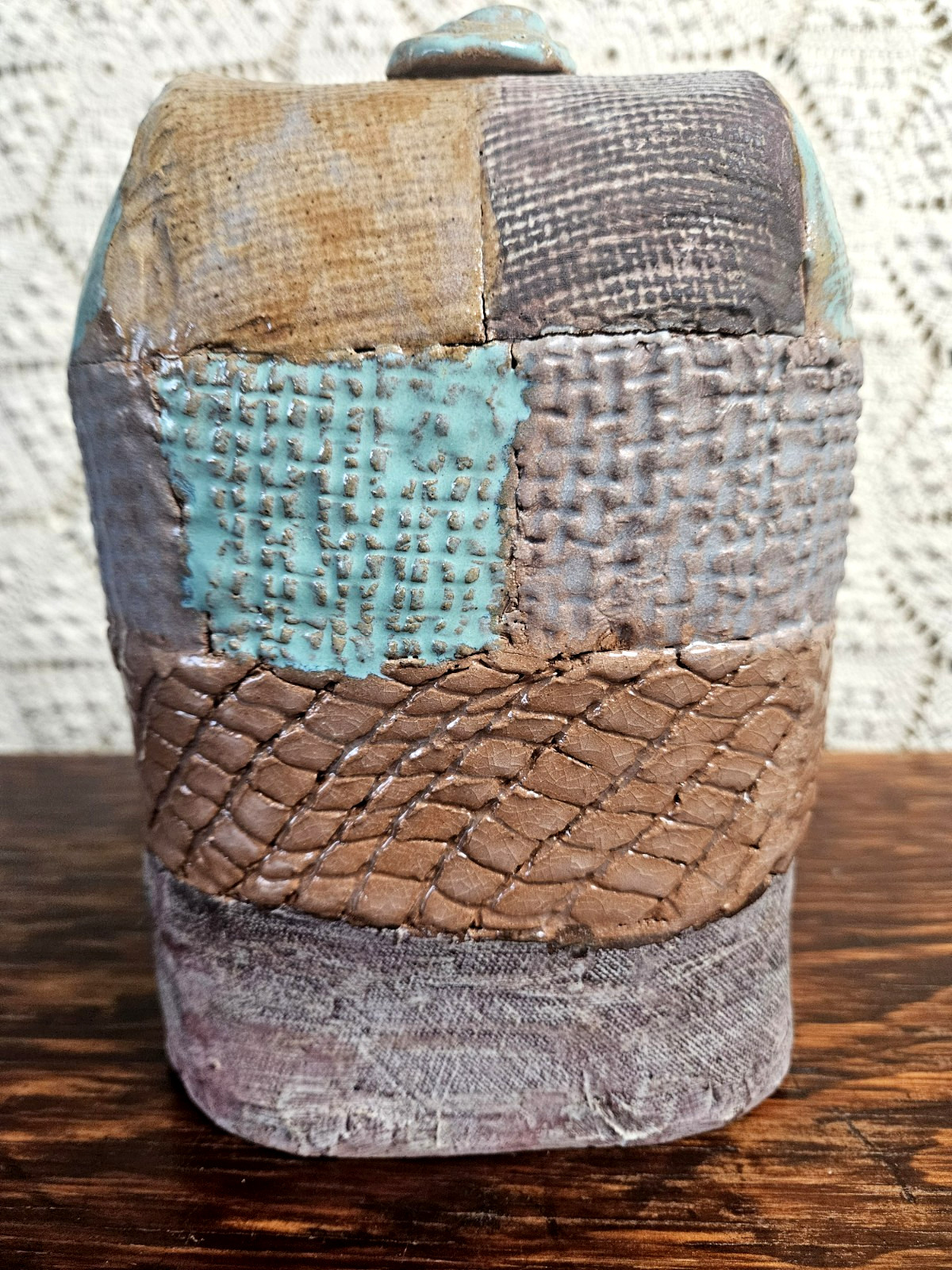 Patchwork Design Ceramic Flask Signed Studio Art Pottery W/Clay Cork Blue Brown