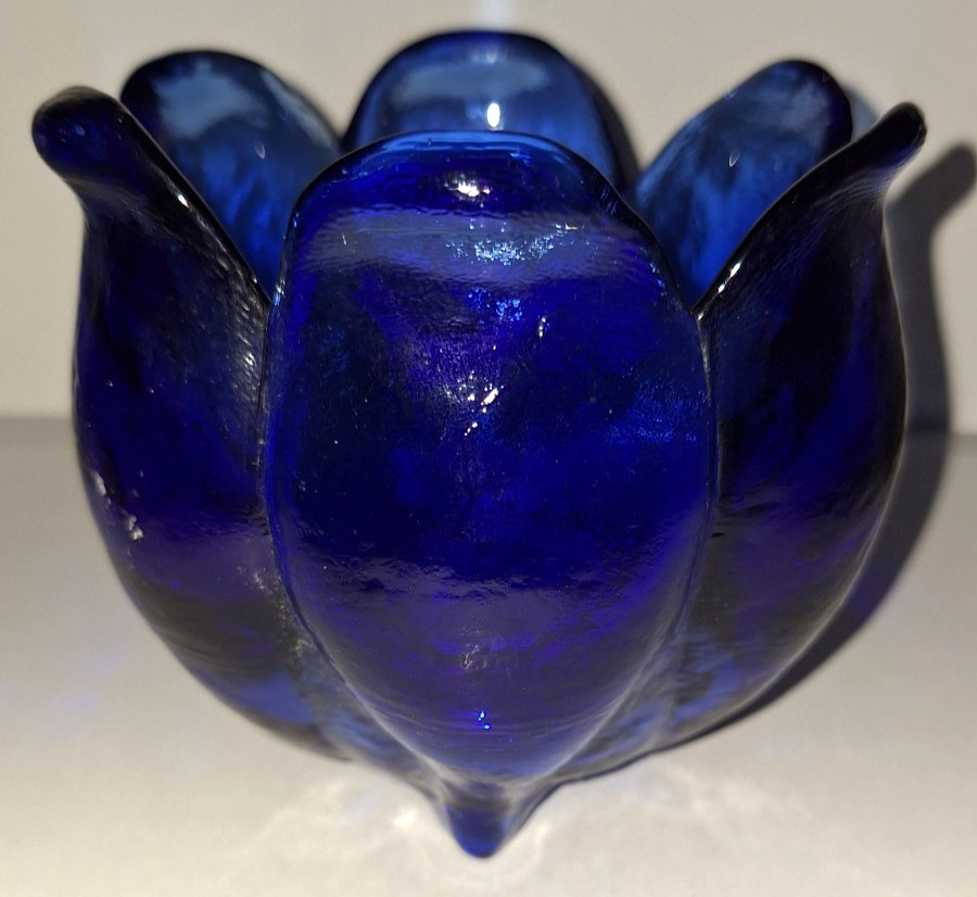 VTG COBALT BLUE GLASS 6 PETAL TULIP FOOTED FLOWER BOWL VASE CANDLE HOLDER SPAIN