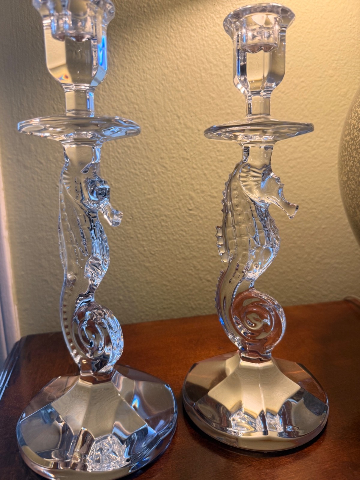 Vintage Waterford Cut Crystal Figural Seahorse Tall Candlesticks Holders Pair