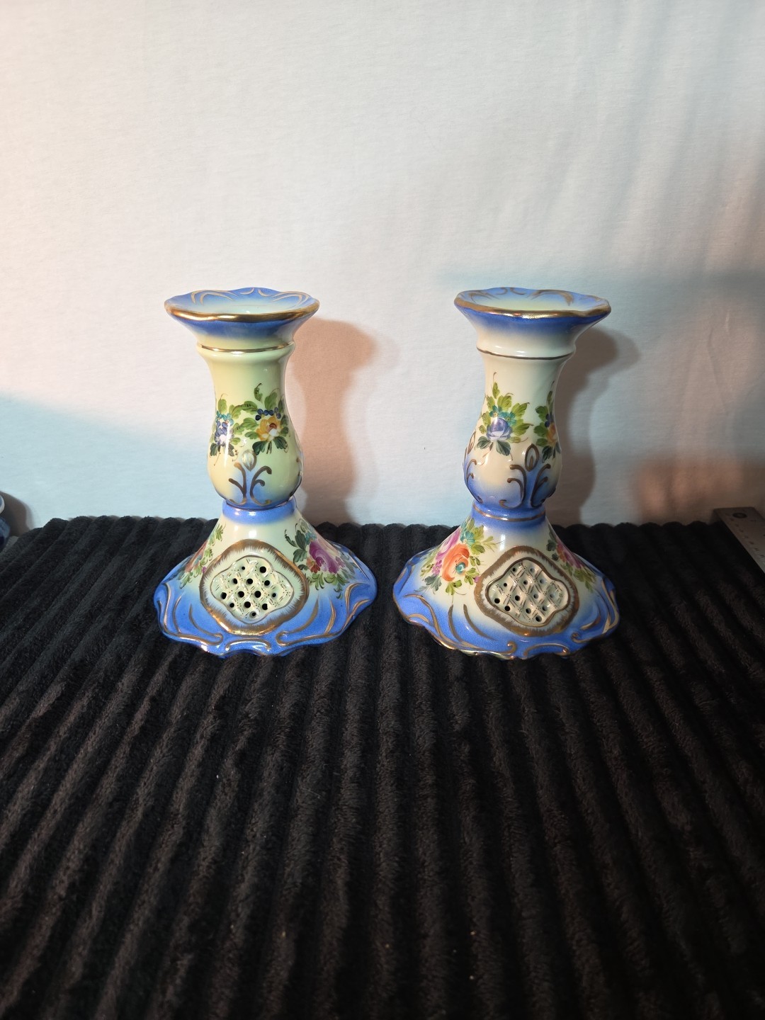2 Vtg Pair of RK Richard Klemm Hand Painted Dresden Candle Sticks Gold Gilding