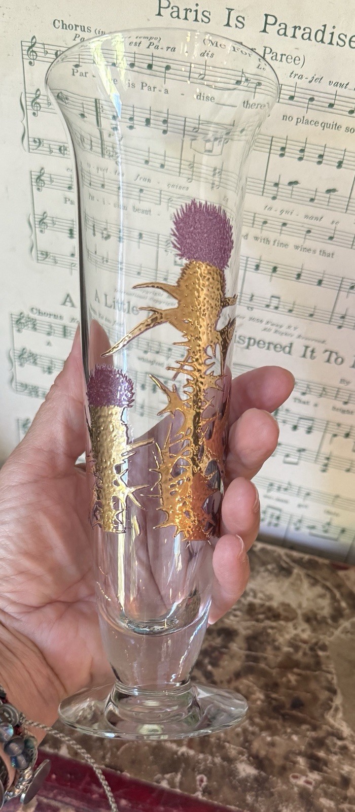 Rare Gregory Duncan Purple Thistle MCM Bud Vase 22k Gold West Virginia Glass Co