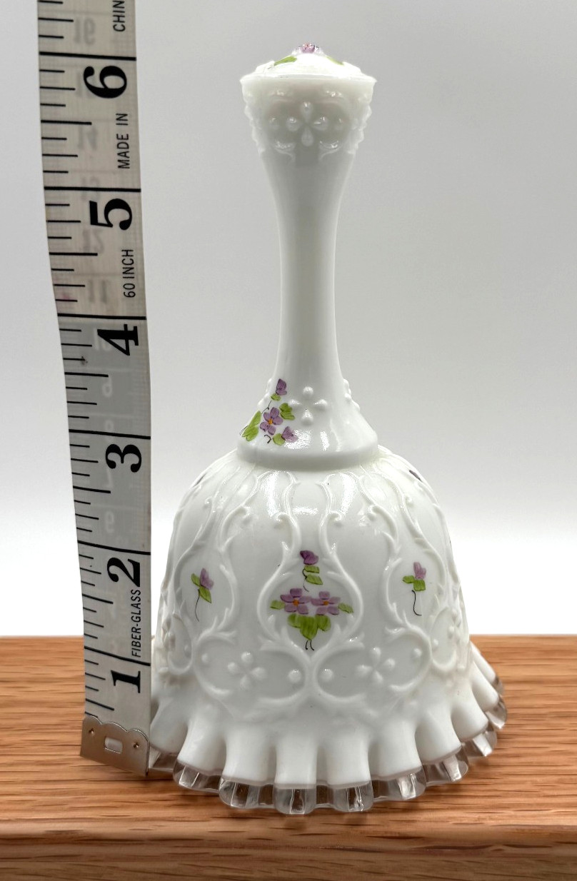 Fenton Glass Violets in Snow Spanish Lace Silver Crest Bell Artist Signed