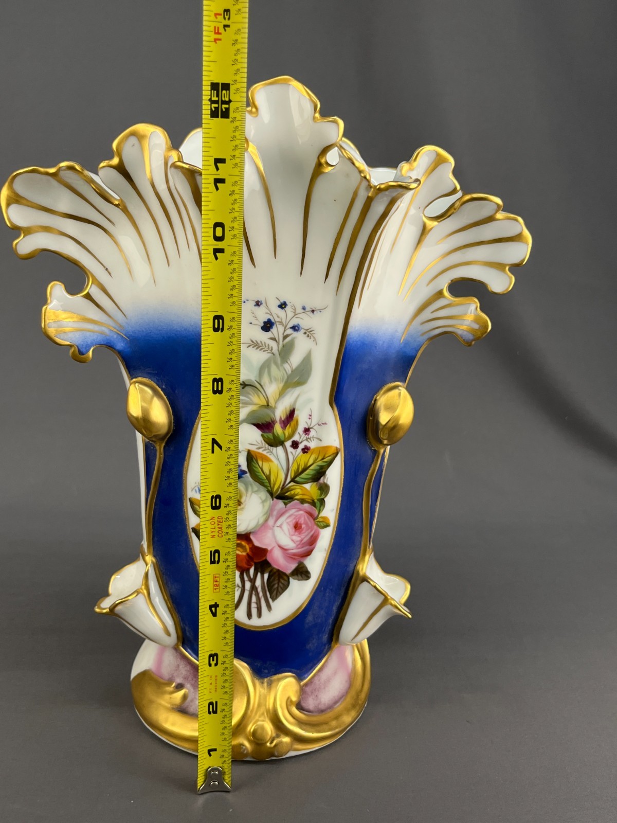 19th c. Old Paris Porcelain Hand-Painted Floral 12 1/2″ Spill Vase