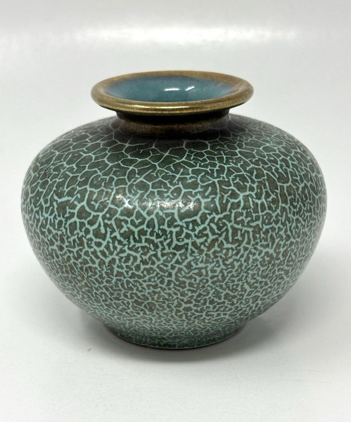 Carstens Tonnieshof Pottery Ball Vase Turquoise Crackle Gold Rim 3.5″ 50’s 60’s
