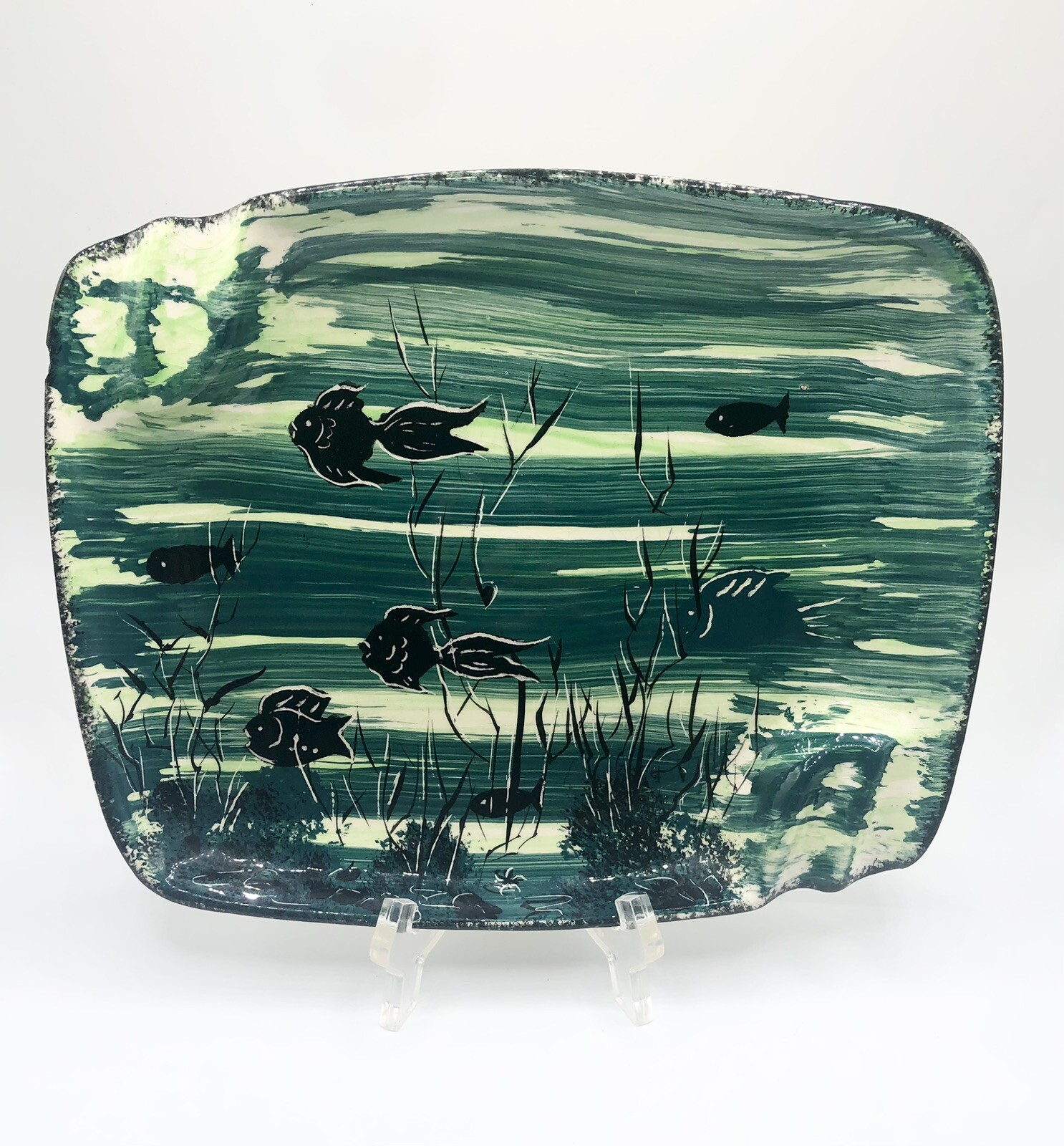 Vtg 50s 60s MCM Retro Swimming Fish Ocean Scene Ceramic Art Pottery Ashtray 10”