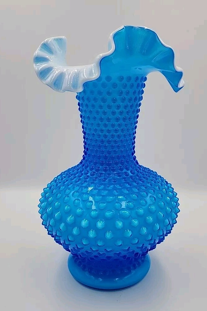 Fenton Double Crimped Colonial Blue Overlay Cased Hobnail Ruffled Vase 10 3/4″ T