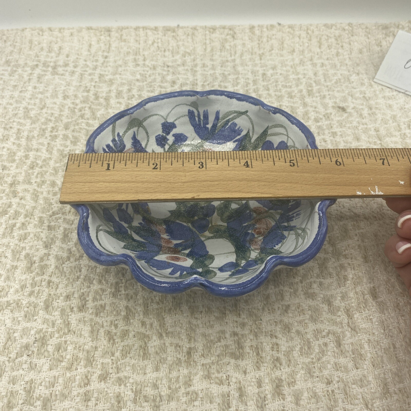 Vintage Grand Pottery Studio Art Pottery Bowl Stoneware Blue 6”Scalloped Top