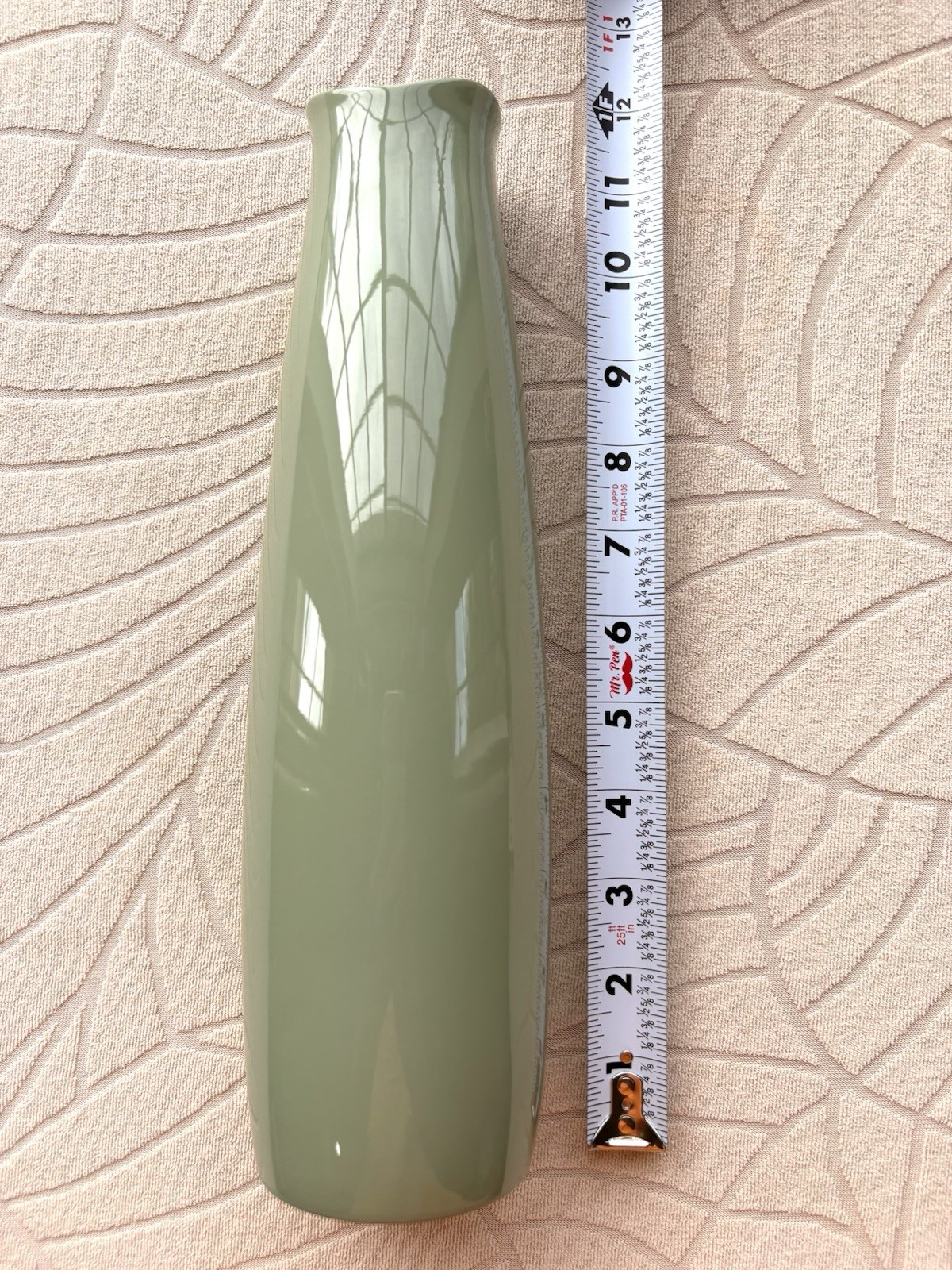 Vintage Franciscan Fine China Vase Green Slender Curved Lip White Interior 11”