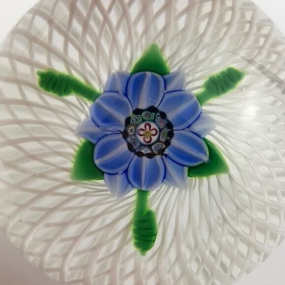 Perthshire 1985A Miniature Blue Flower Spiral Latticinio Cushion Paperweight