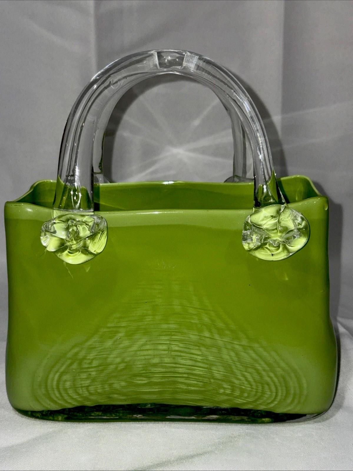 Murano Style Art Glass Hand-Blown Purse Bag with Handle Vintage Rare Green