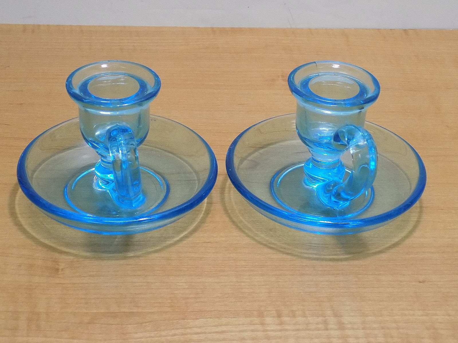 Pair Tiffin U.S. Glass #319 Light Blue Glass Finger Loop Chamber Candle Holders