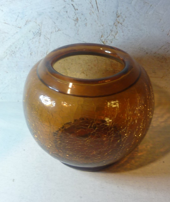 Vintage 5” x 4″ Blenco Crackle Art Glass Brown Amber Round Bowl/Vase