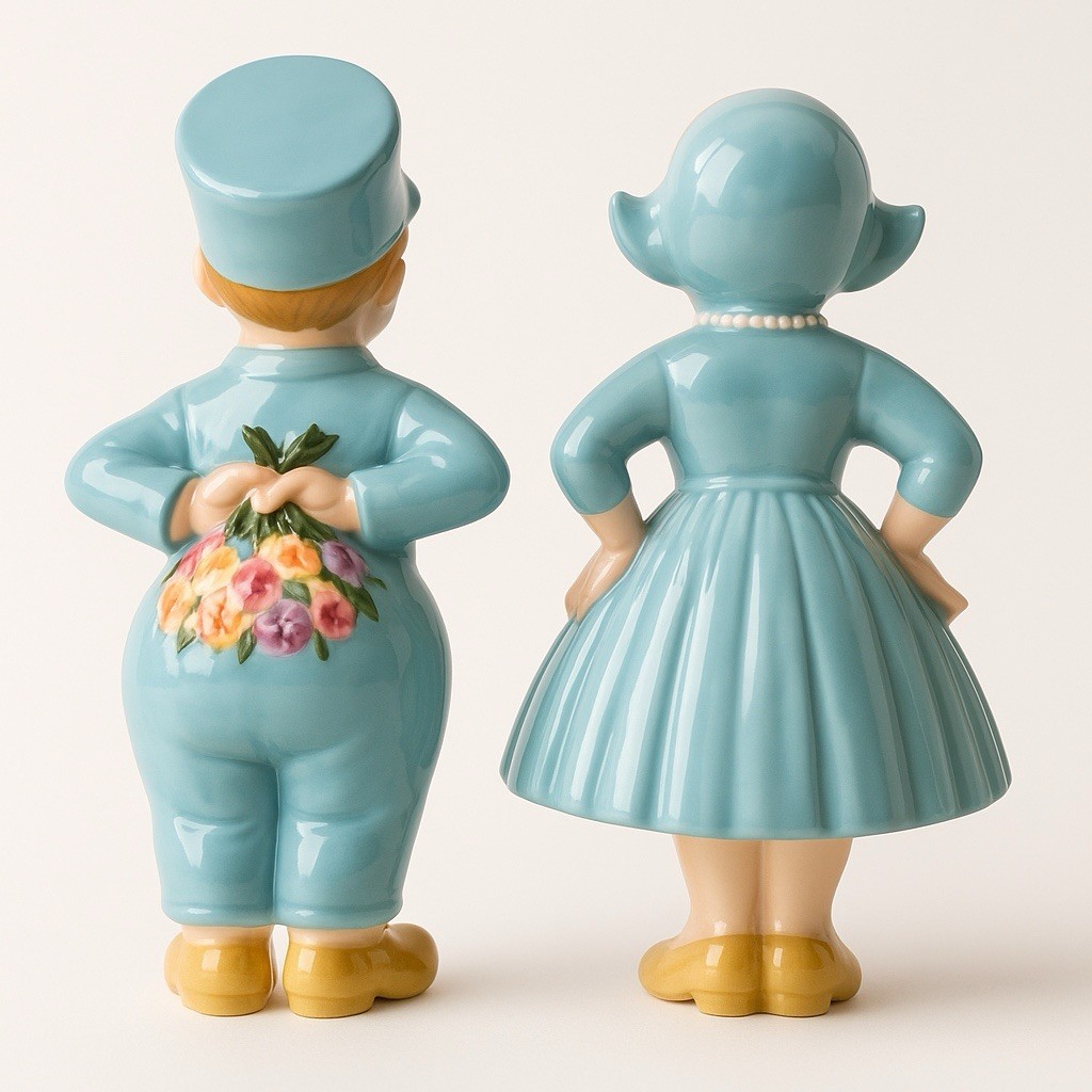 Kissing Dutch Figurines Hand Painted Signed MCM Ceramic USA Blue 6” Tall Vtg