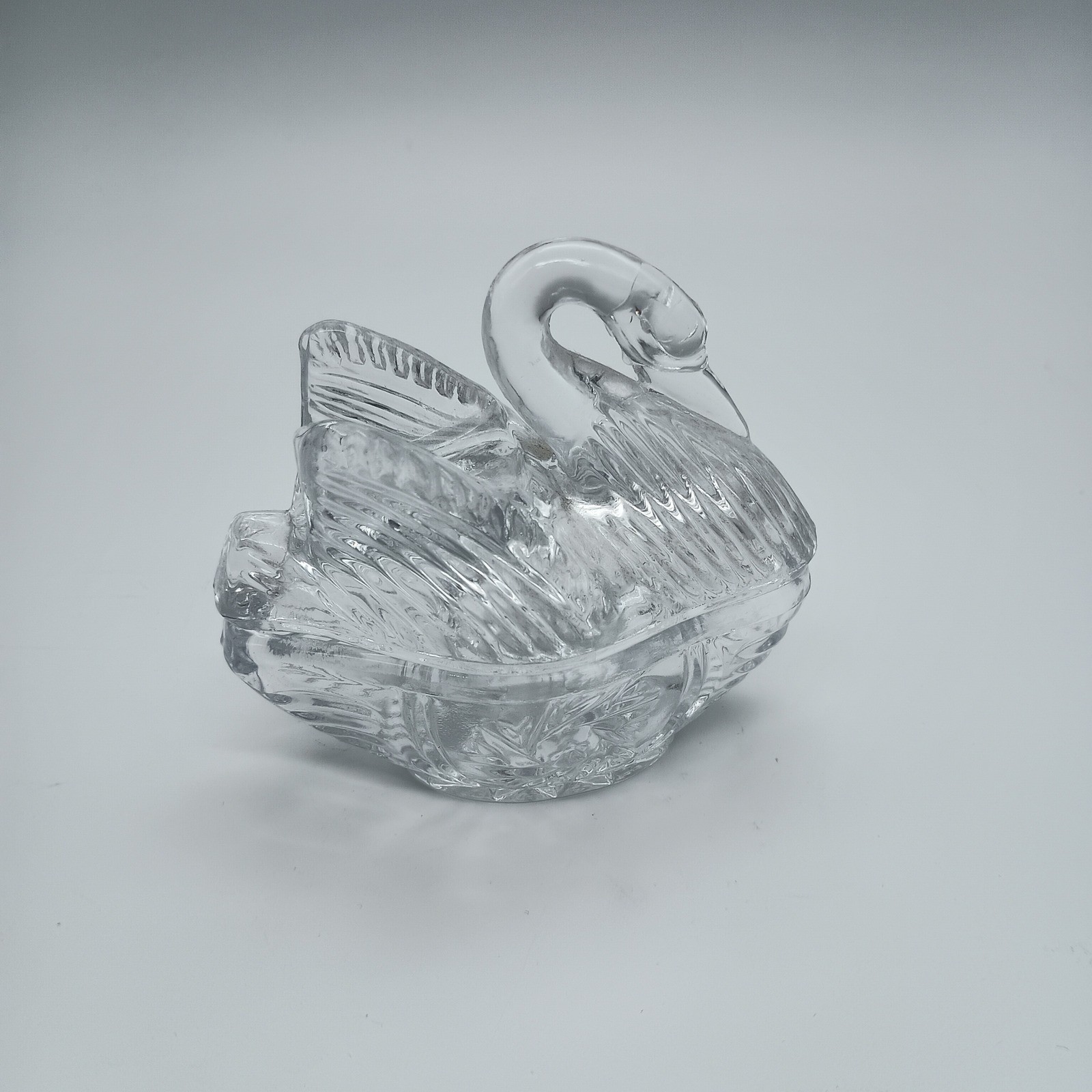 Vintage Clear Pressed Glass Swan Trinket Dish with Lid Jewelry Box Starburst