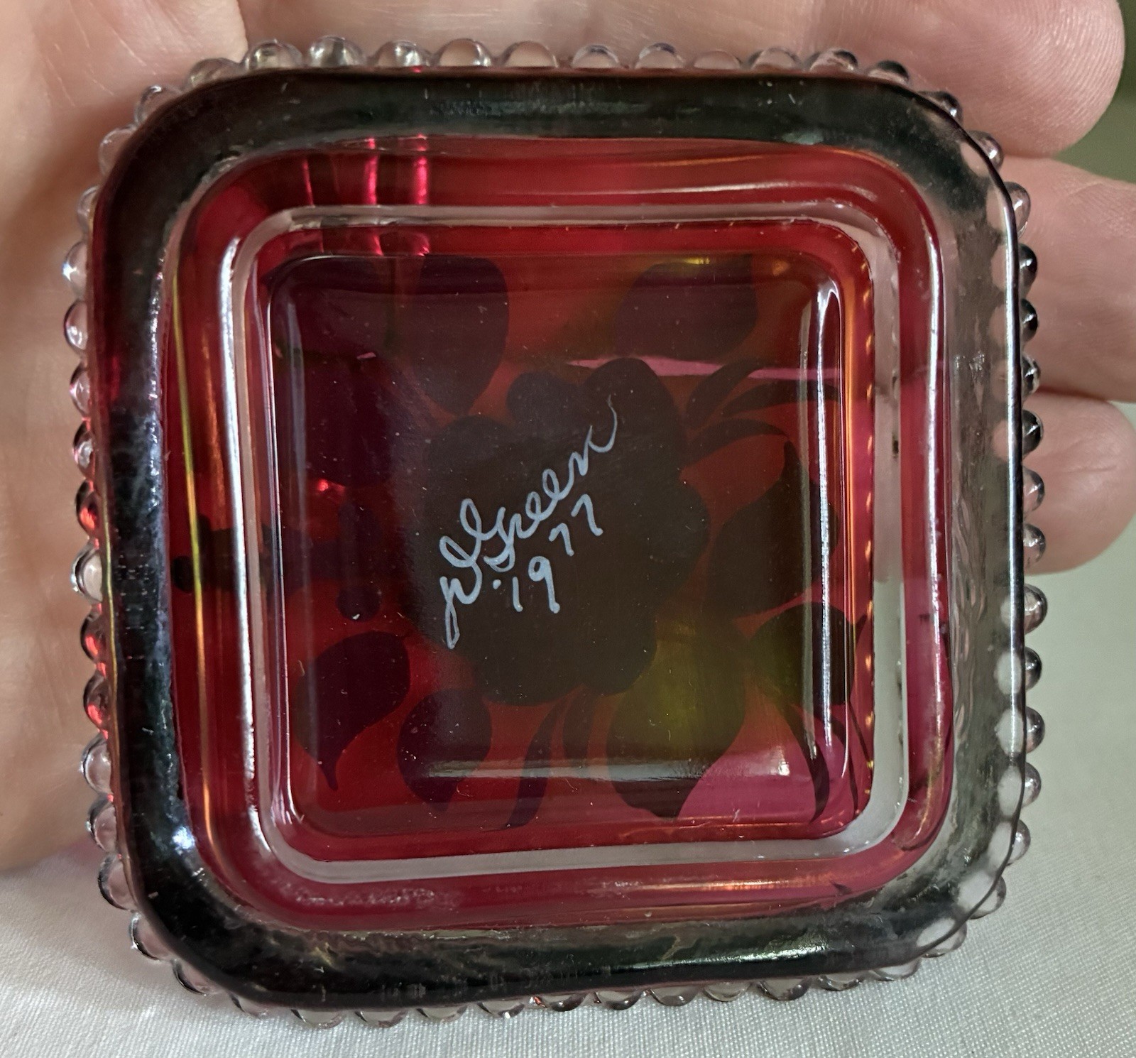 VTG Westmoreland Ruby Red Glass Trinket Jewelry Box Hand painted Artist Signed