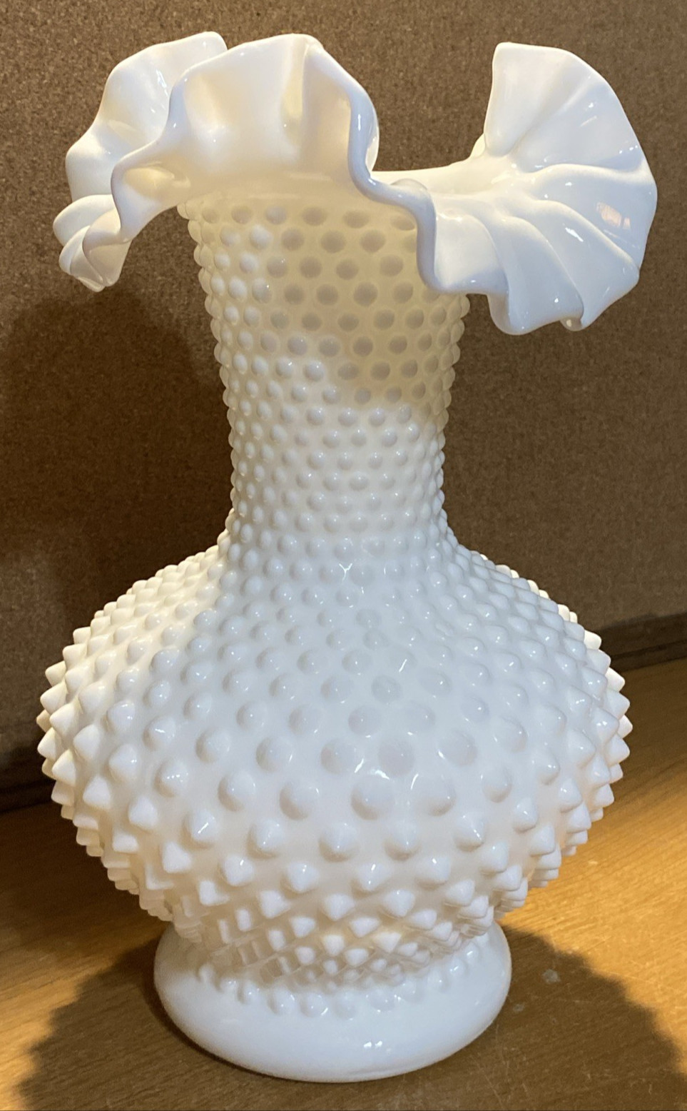 Vtg MCM Fenton Milk Glass Hobnail Vase w Ruffled/Crimped Edge – 10.5″ – EPOC