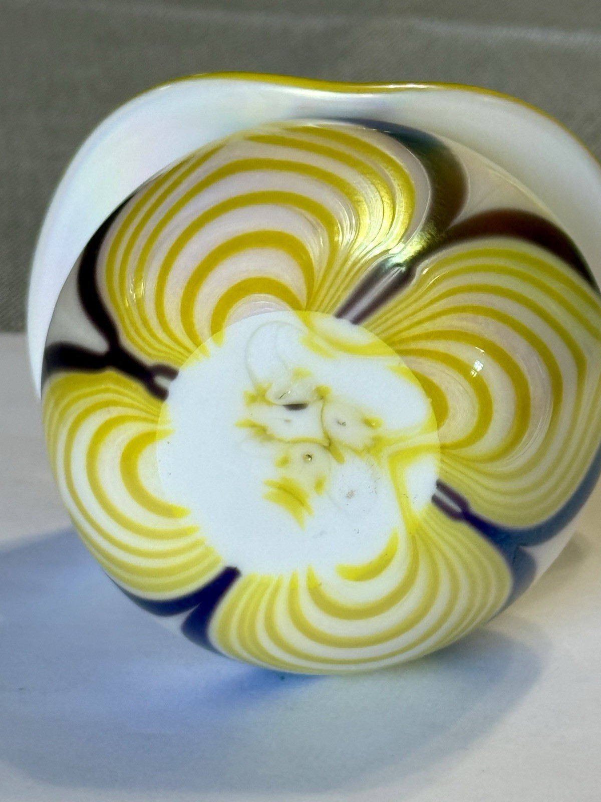 Studio Art Glass Yellow White & Black JIP Pulled Feather 4″ Vase