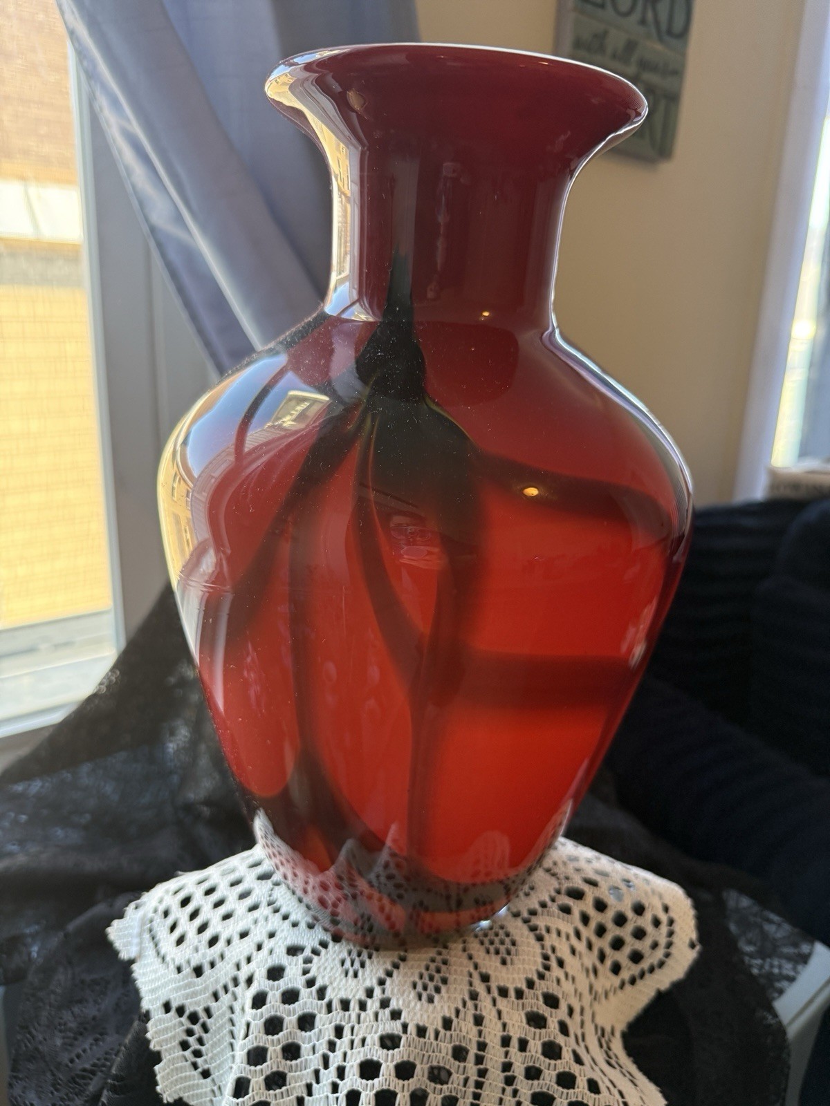Red Black Glass Decorative Vase, Glossy Finish, 12 in Height, 6 in Width