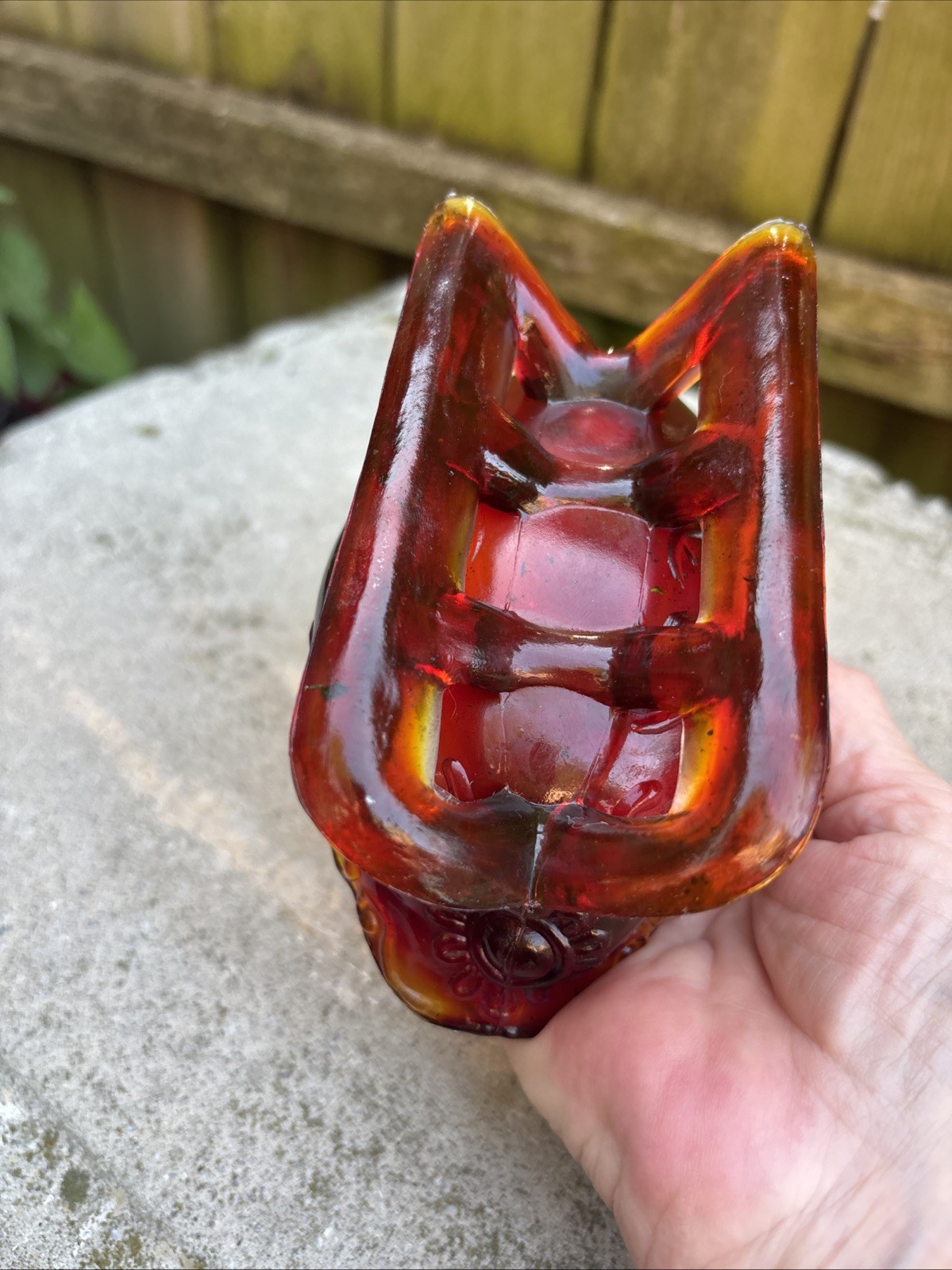 Westmoreland Amberina Ruby Red Carnival Glass Santa on Sleigh Covered Candy Dish