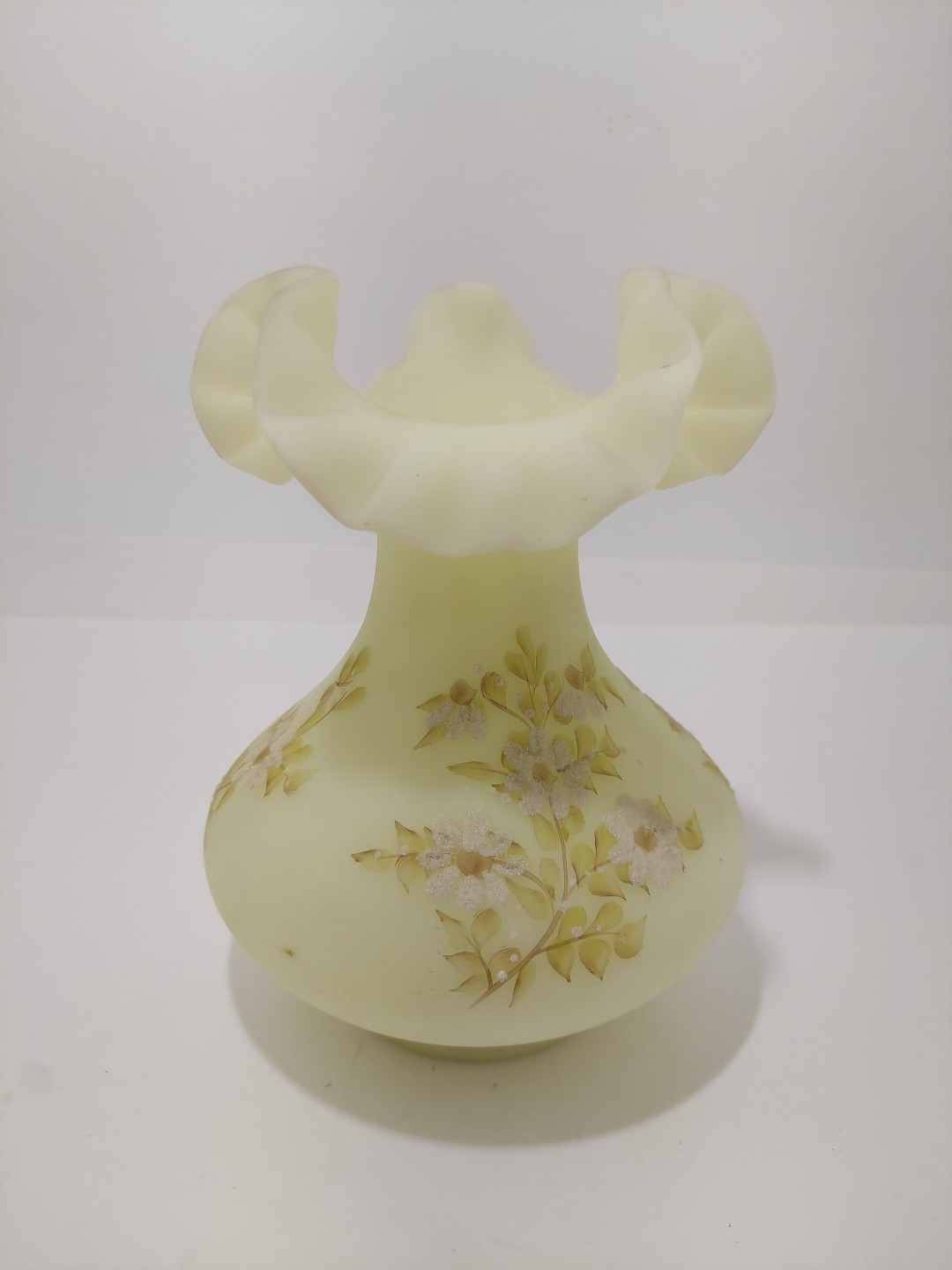 Vintage Uranium Fenton Custard Satin Glass Vase With Hand Painted Flowers Signed