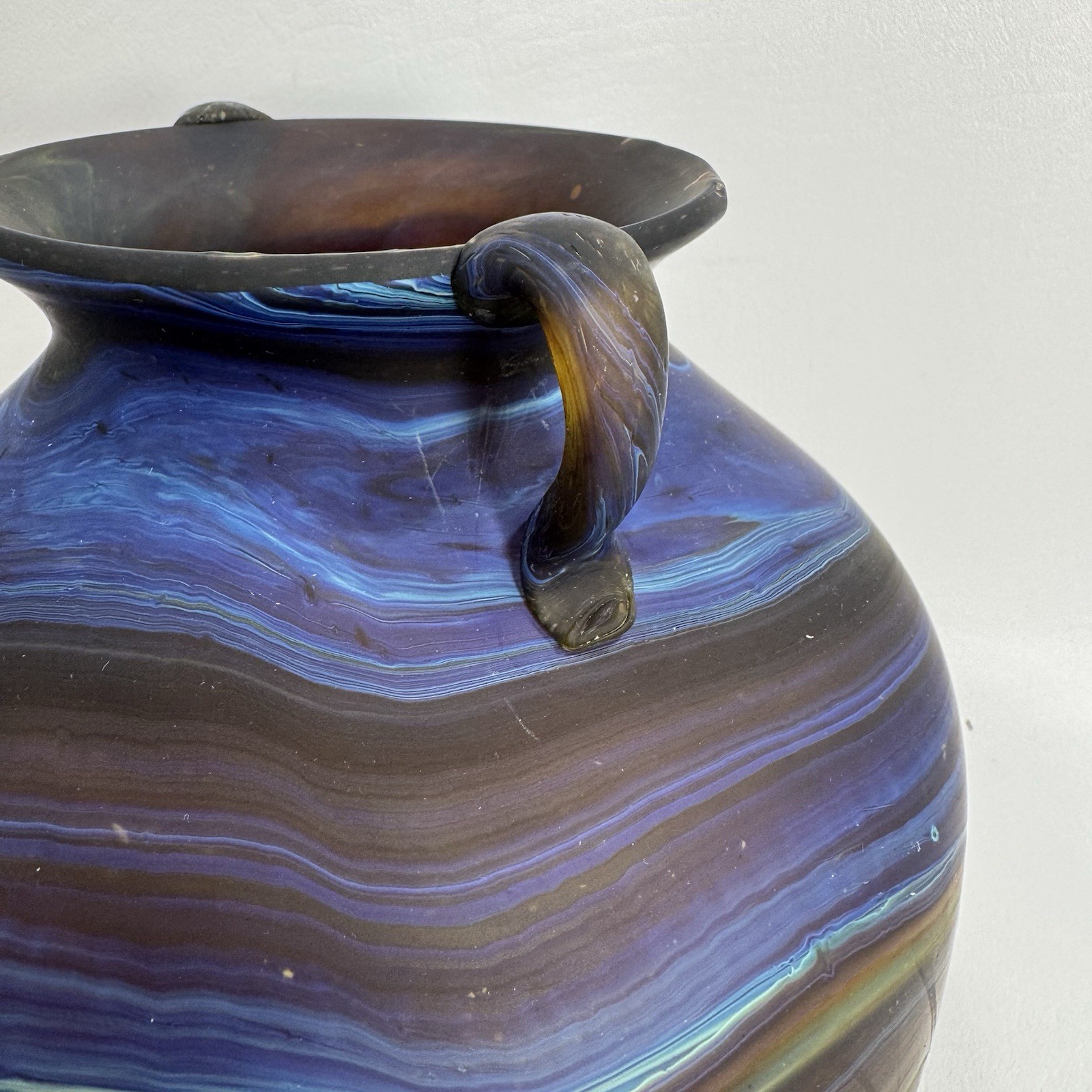 Phoenician Style Handblown Recycled Glass 7.75″ Vase Blue / Brown Swirl