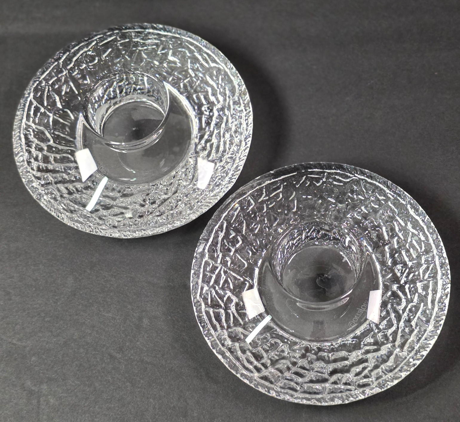 Orrefors Diskus Crystal Votive Holders Pair Signed 5.5″ Scandinavian MCM Decor