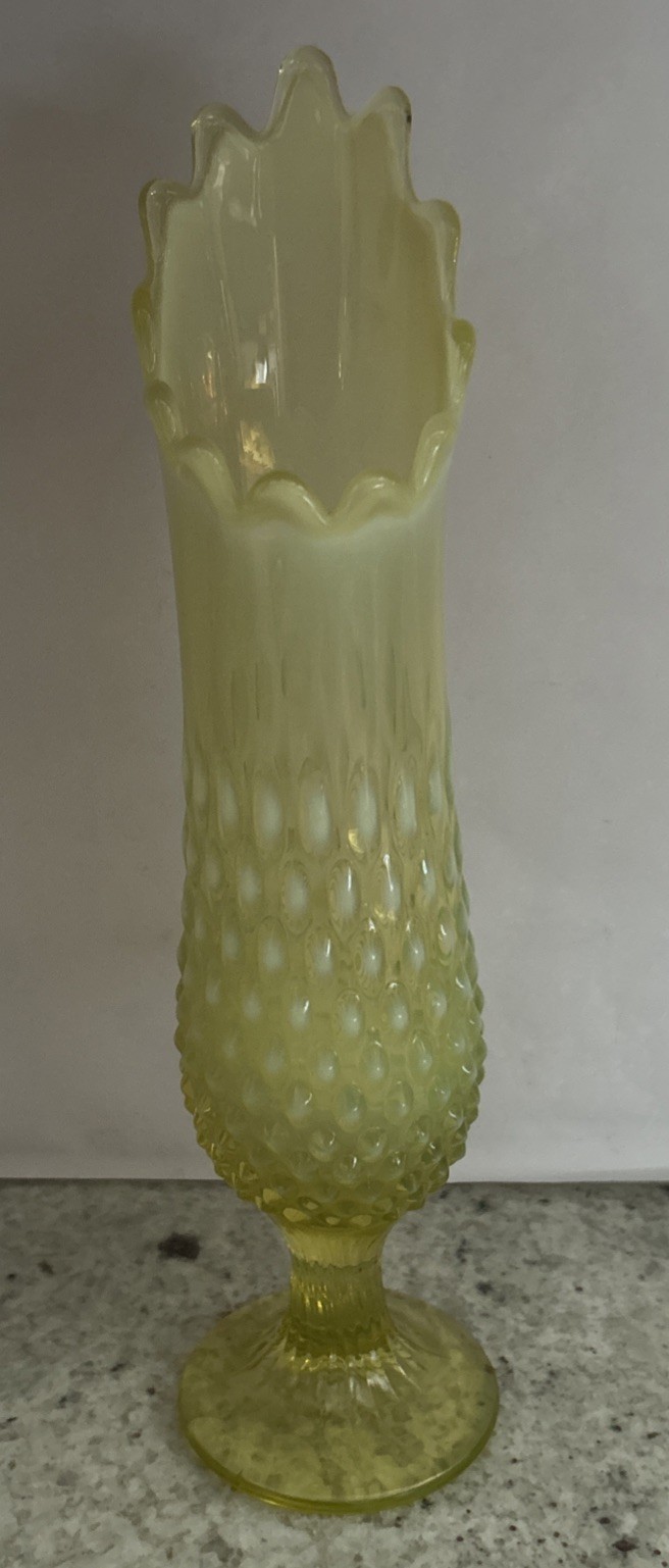 Beautiful Fenton Art Glass Uranium Green Opalescent Hobnail Swung Vase 13”-H