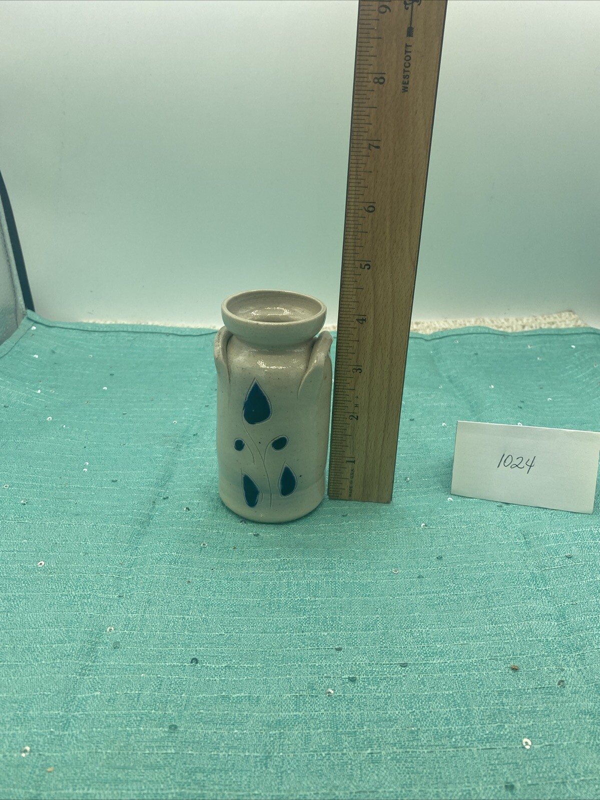 Pottery Jug/Milk Can Vase 4 Inches Tall Gray With Cobalt Blue Leaves