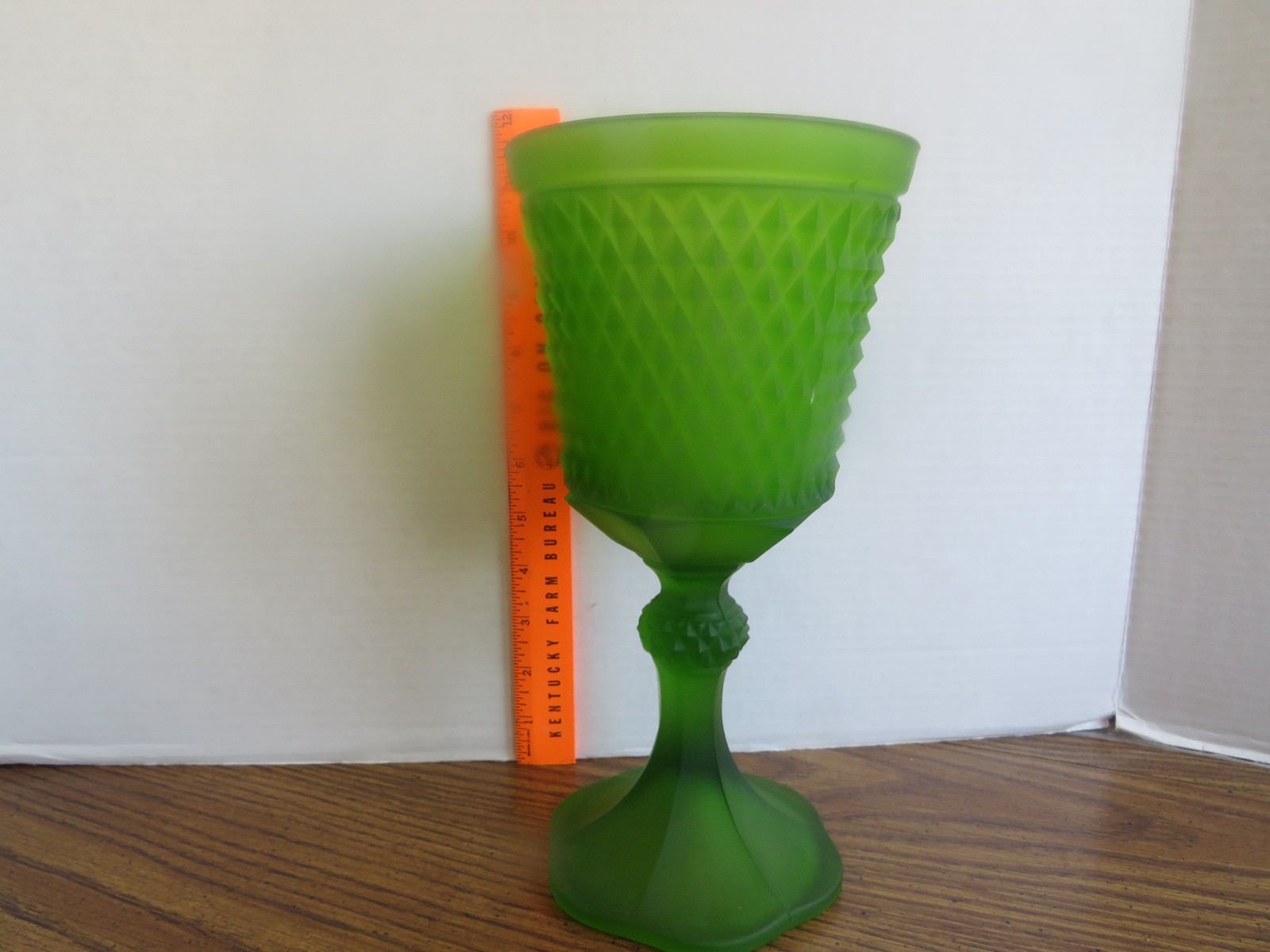 Indiana Glass Avocado Green Diamond Point Footed Pedestal 11″ Goblet/Urn/Vase