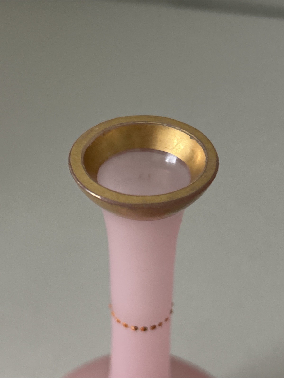 Handblown Pink Satin Glass Bud Vase, Gold accents