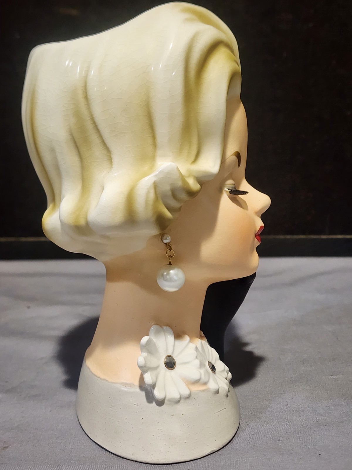 VINTAGE NAPCOWARE C-6429 LADY HEAD VASE DAISY FLOWERS PEARL EARRINGS