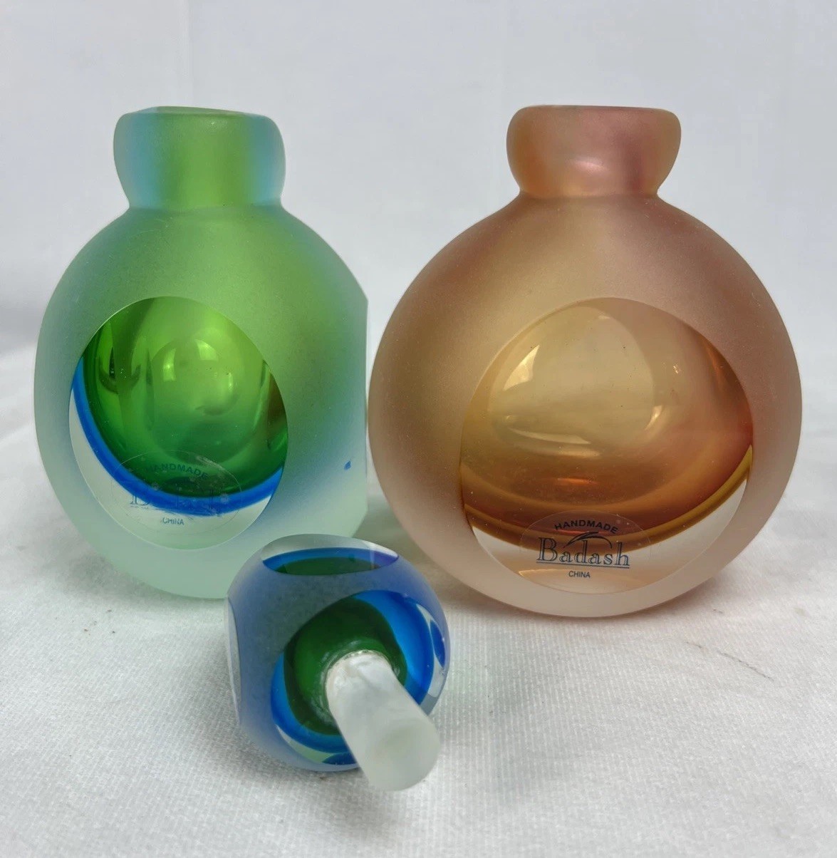 Badash Hand Blown Karma Art Glass Perfume Bottles Frosted Cut Window Pair / Lot