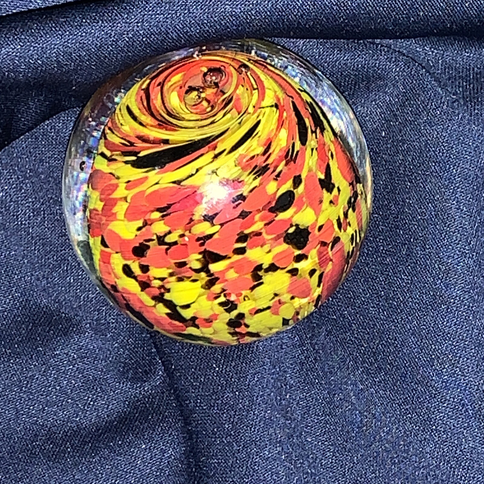 Vintage Glass Paperweight Hand Blown Round Sphere Red Yellow Black White Speckle