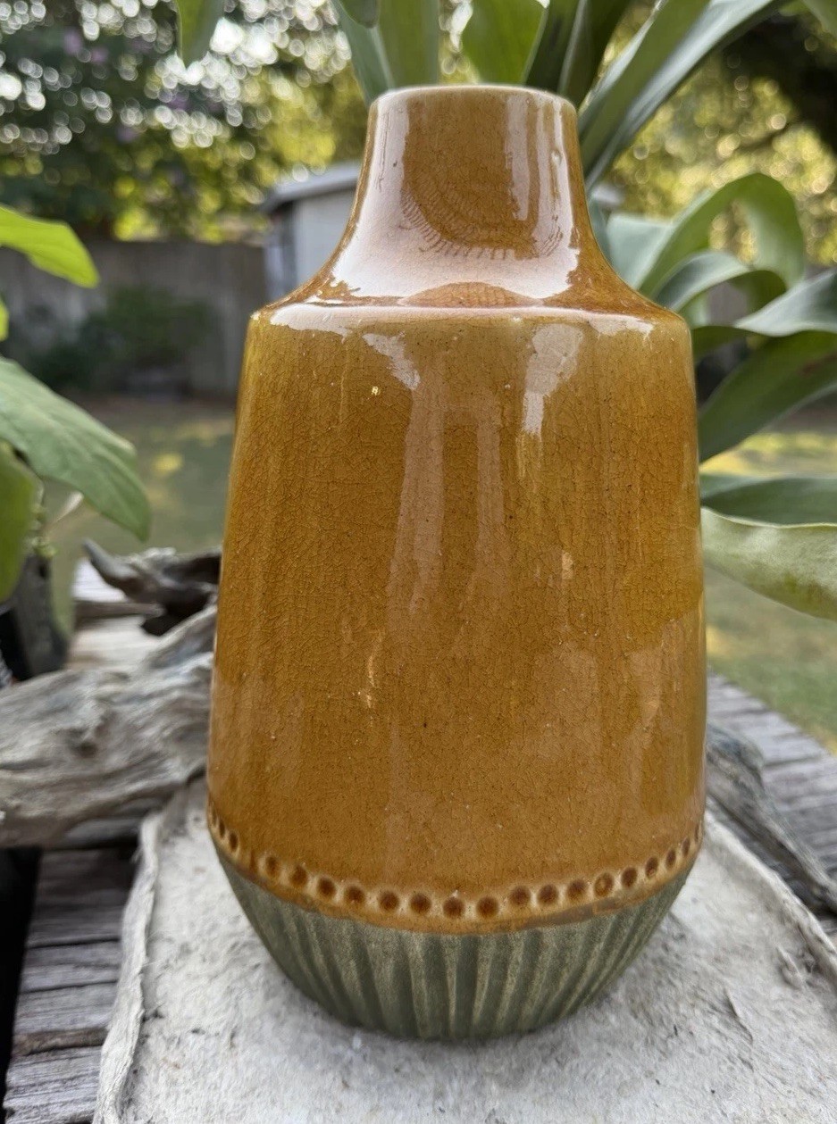 Vintage Studio Pottery Vase Amber Crackle Glaze Olive Green Ceramic 10” Decor
