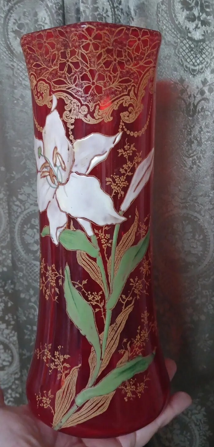 Antique Mont Joye Legras Art Glass Vase Easter LILY Heavy Hand Painted Enamel