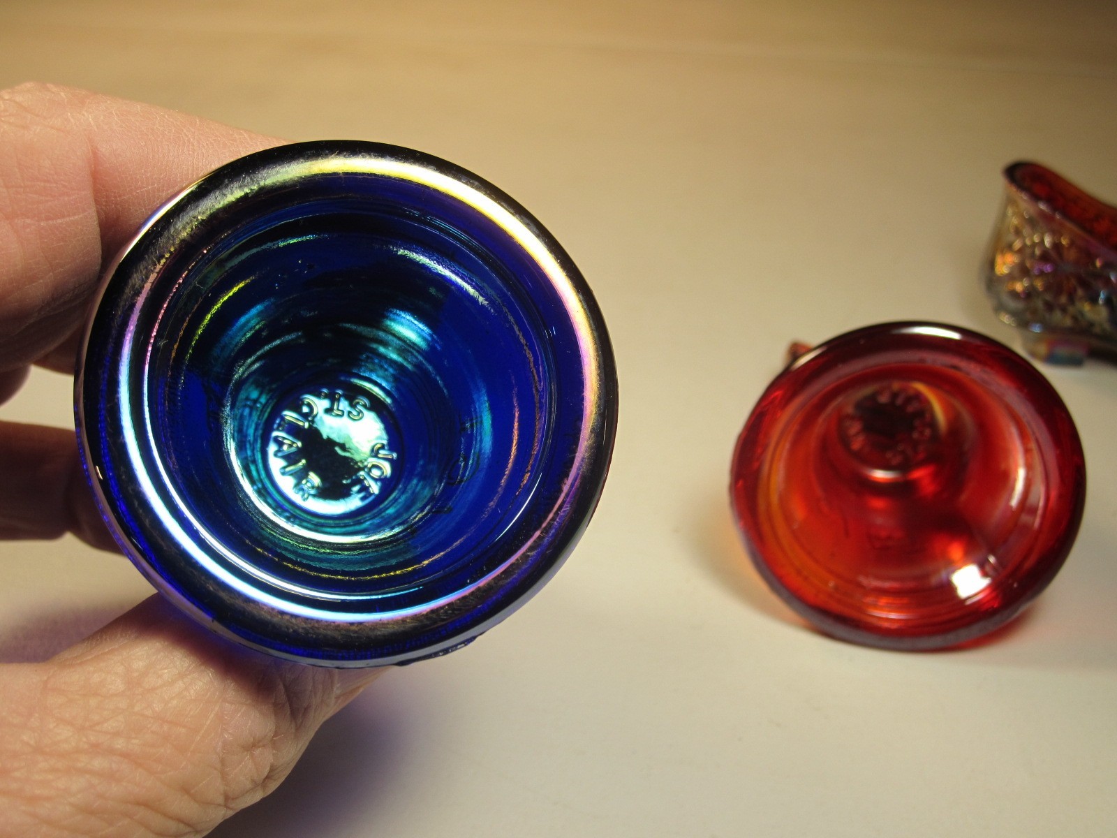 Collection Joe St Clair Art Glass 1 Red Carnival Liberty Bell- 1 Blue One & Shoe