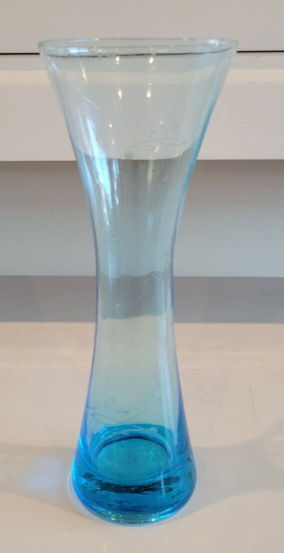 8 INCH SAPPHIRE BLUE VASE FLARE TOP ETCHED WITH FLOWERS