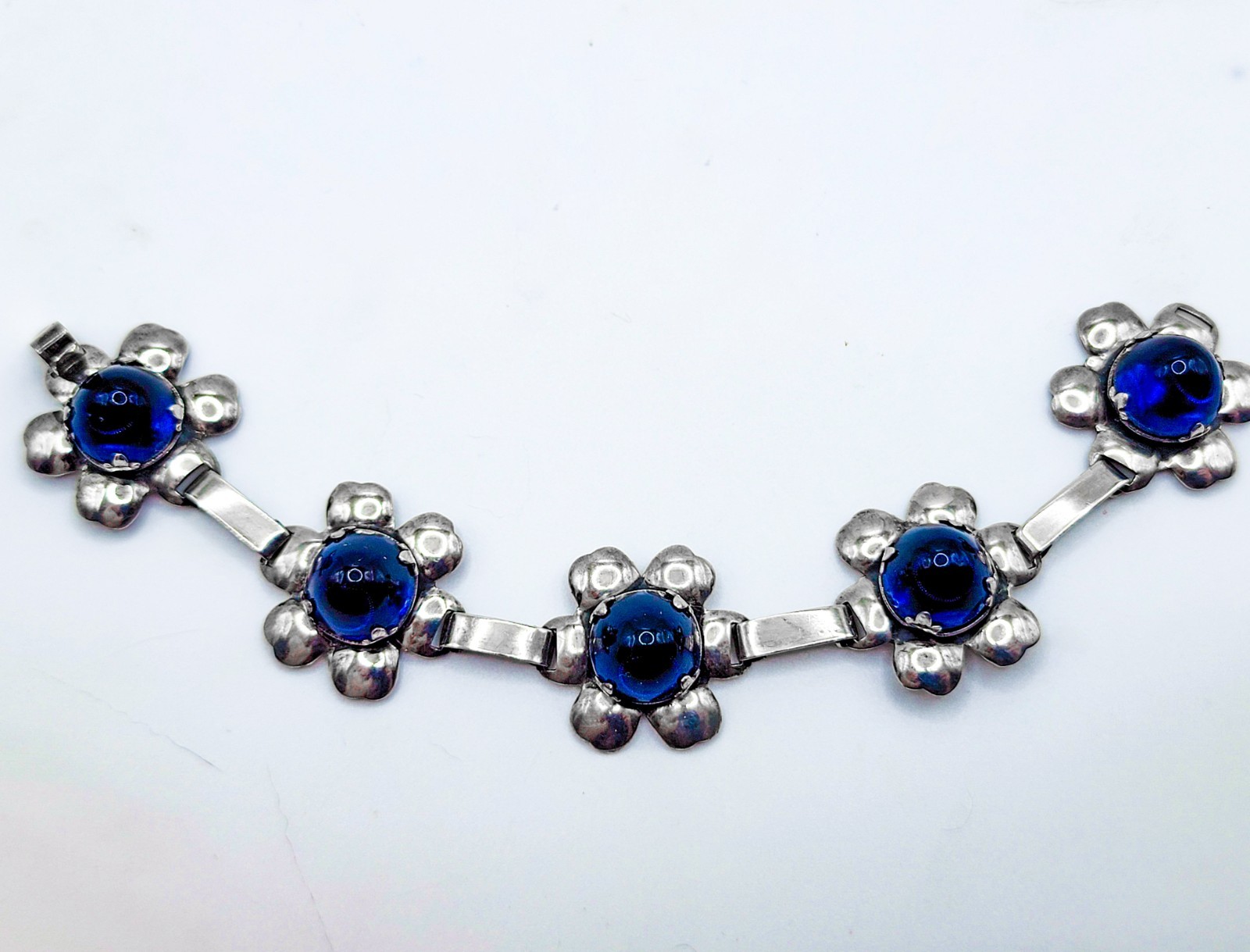 Vintage Sterling Blue Uranium Glass Bracelet Rare Sapphire Blue 1960s Flower 925